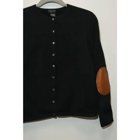 Lord Taylor womens small sweater 100% cashmere cardigan black leather patches - Picture 2 of 9